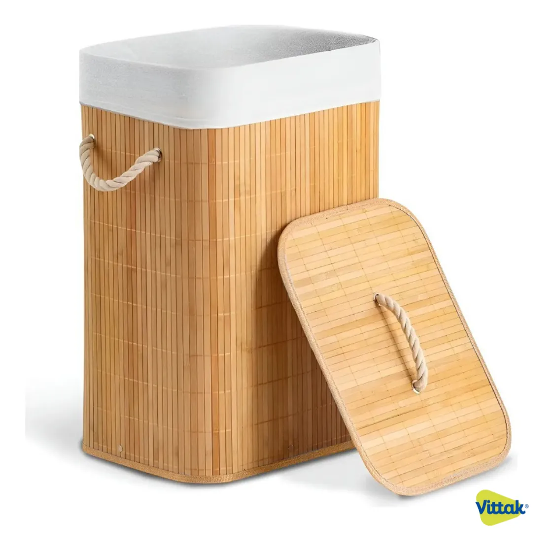Vittak Cesto De Roupa Bambu 72 Litros Dobrável Retangular Com Tampa E Forro